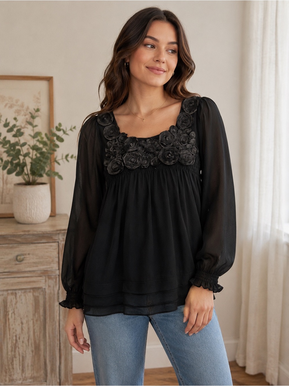 Beige by ECI Black Rosette Babydoll Blouse Petite Medium PM